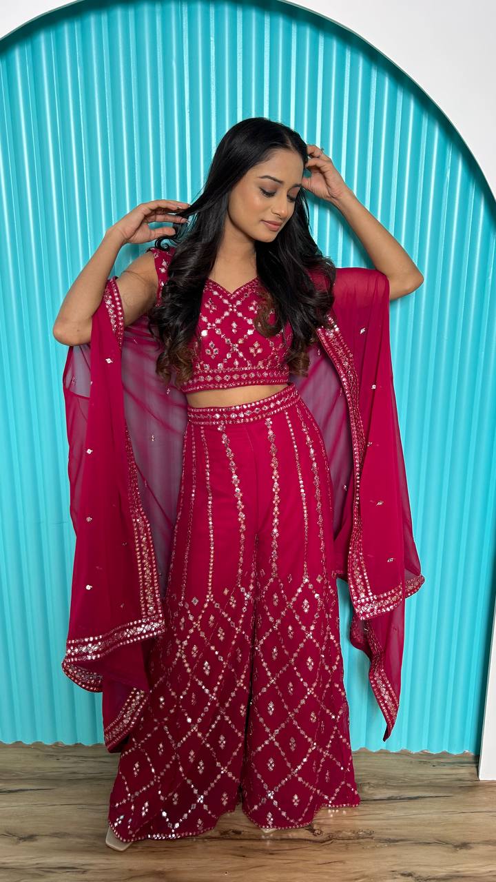 Pink Stylish Indo-Western Georgette Plazo Set with Foil Mirror & Thread Work