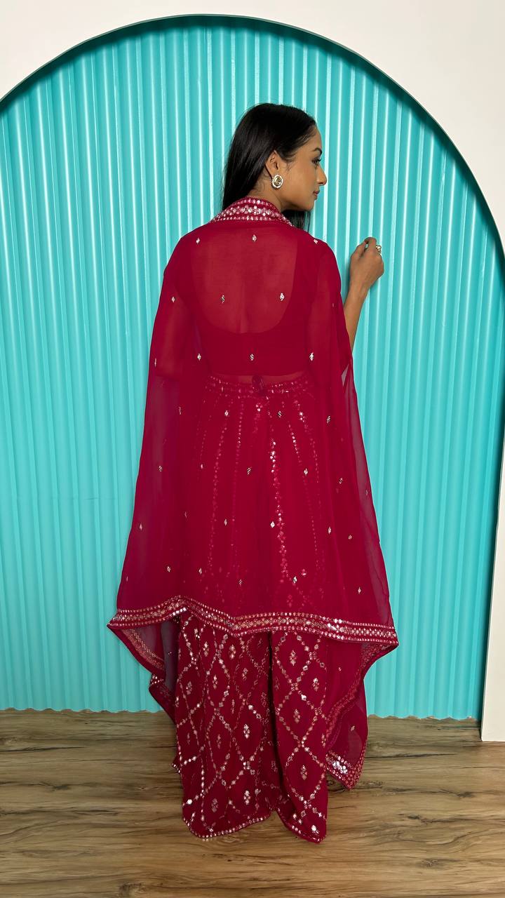 Pink Stylish Indo-Western Georgette Plazo Set with Foil Mirror & Thread Work