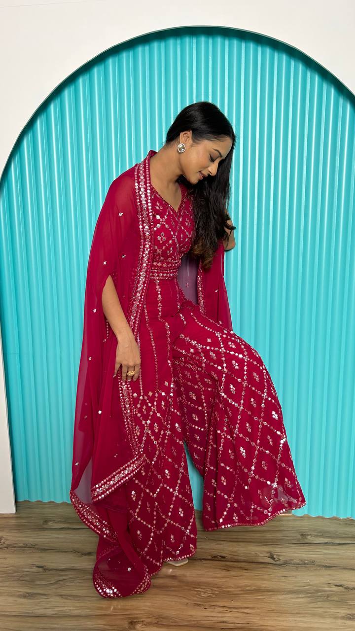 Pink Stylish Indo-Western Georgette Plazo Set with Foil Mirror & Thread Work