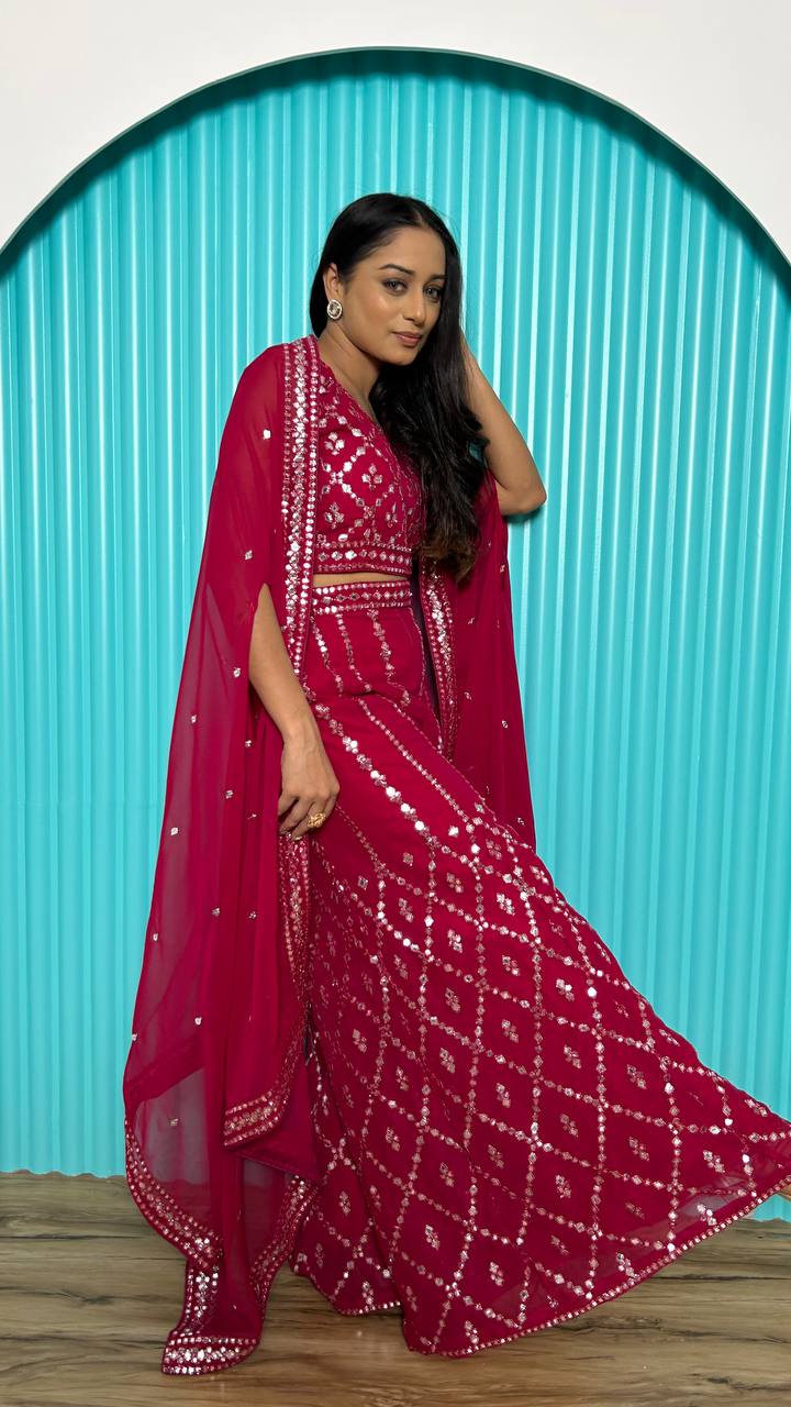 Pink Stylish Indo-Western Georgette Plazo Set with Foil Mirror & Thread Work