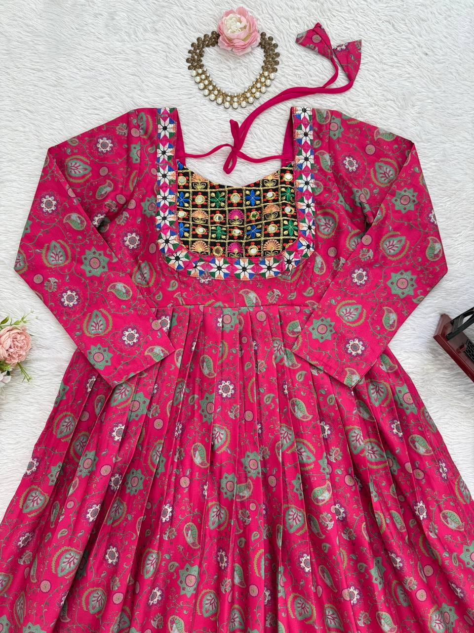 Pink Stylish Reyon Embroidered & Digital Print Top with Mirror & Sequin Work