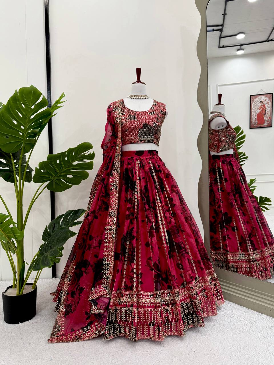 Pink Tabby Organza Thread & Sequin Embroidered Lehenga Choli Set with Dupatta