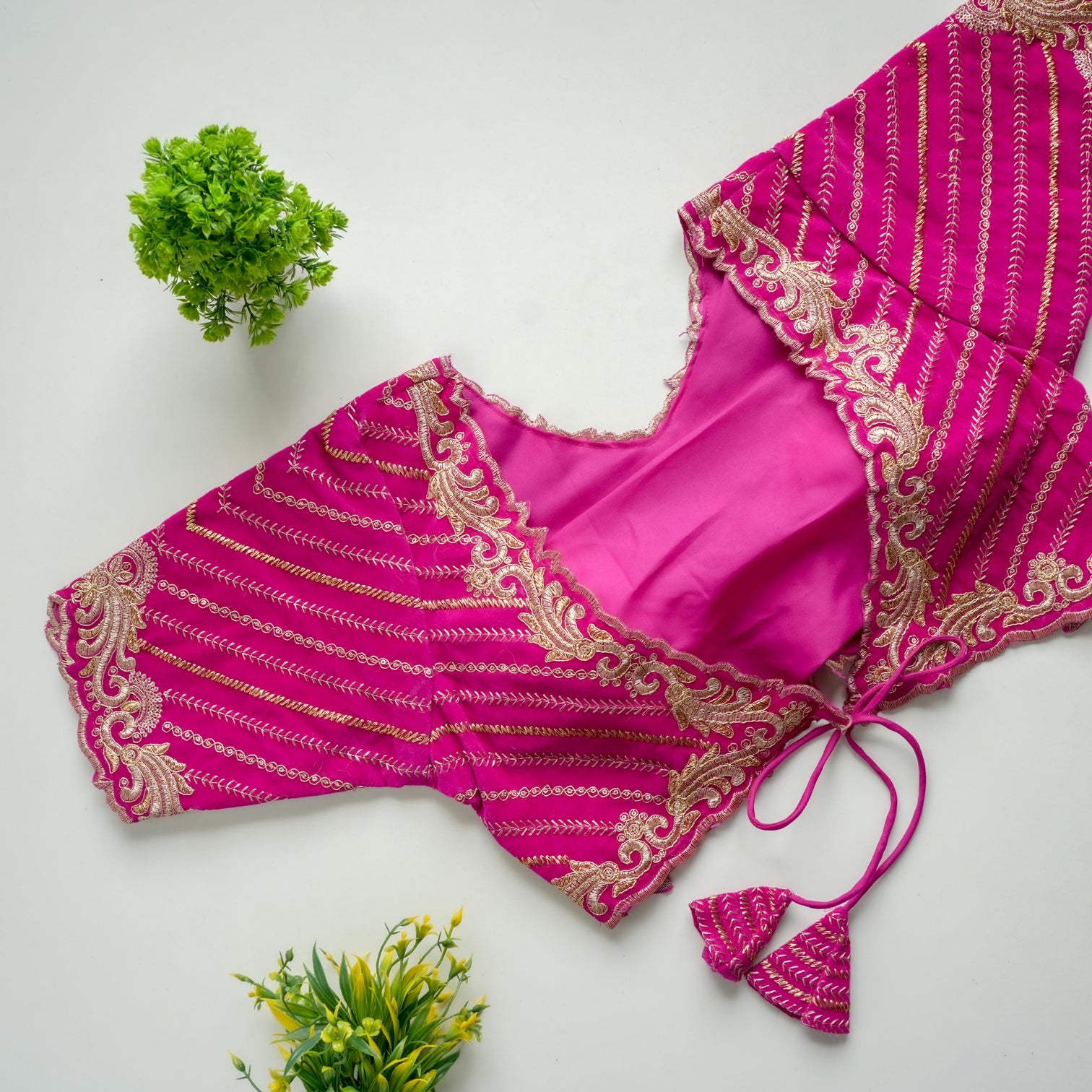 Pink Taffeta Silk Blouse with Golden Embroidery and Sequins