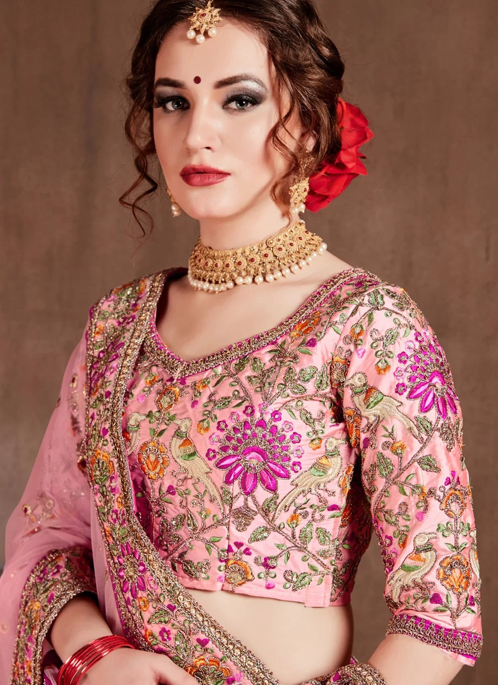 Pink taffeta silk lehenga for reception