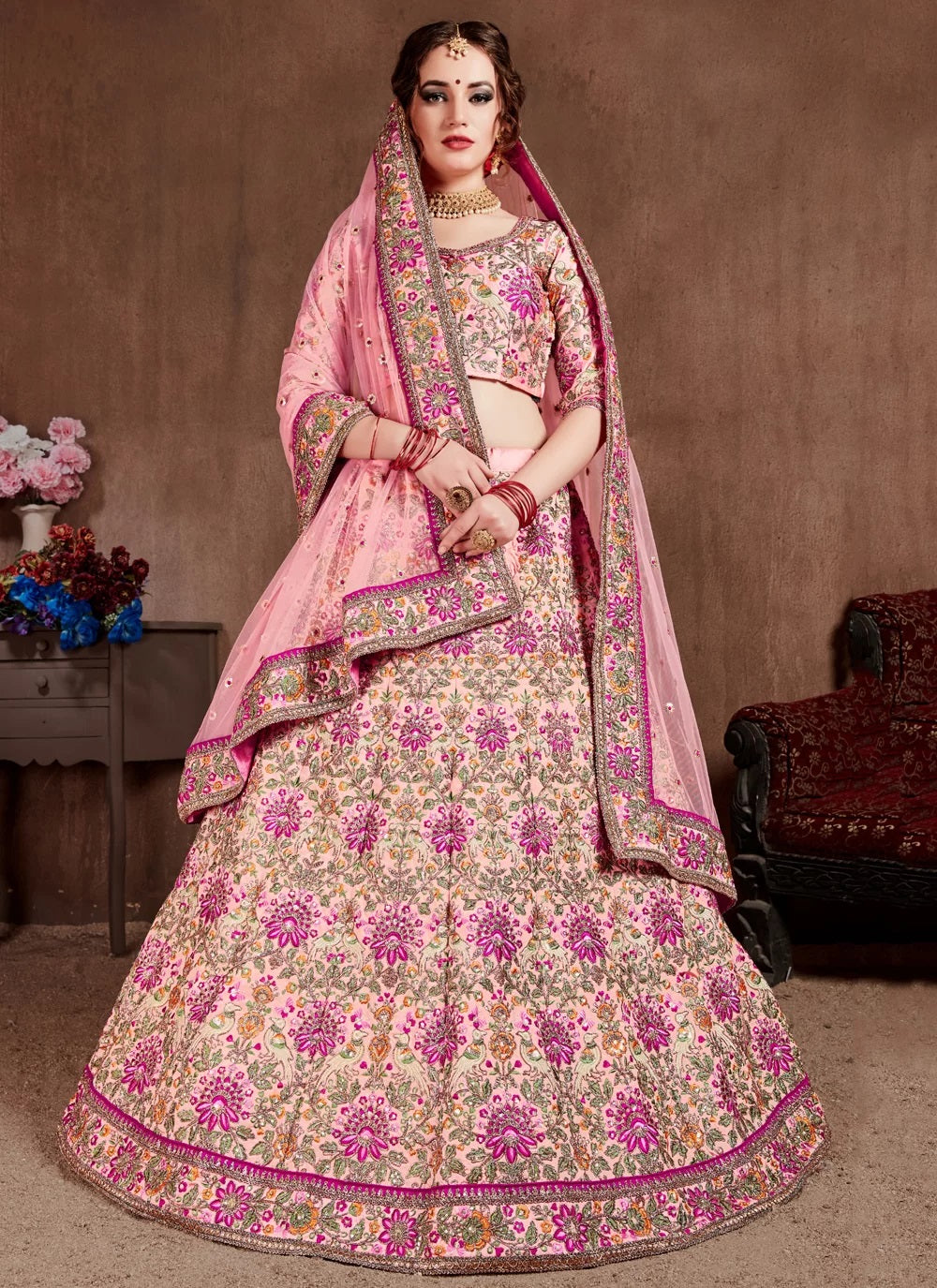 Pink taffeta silk lehenga for reception