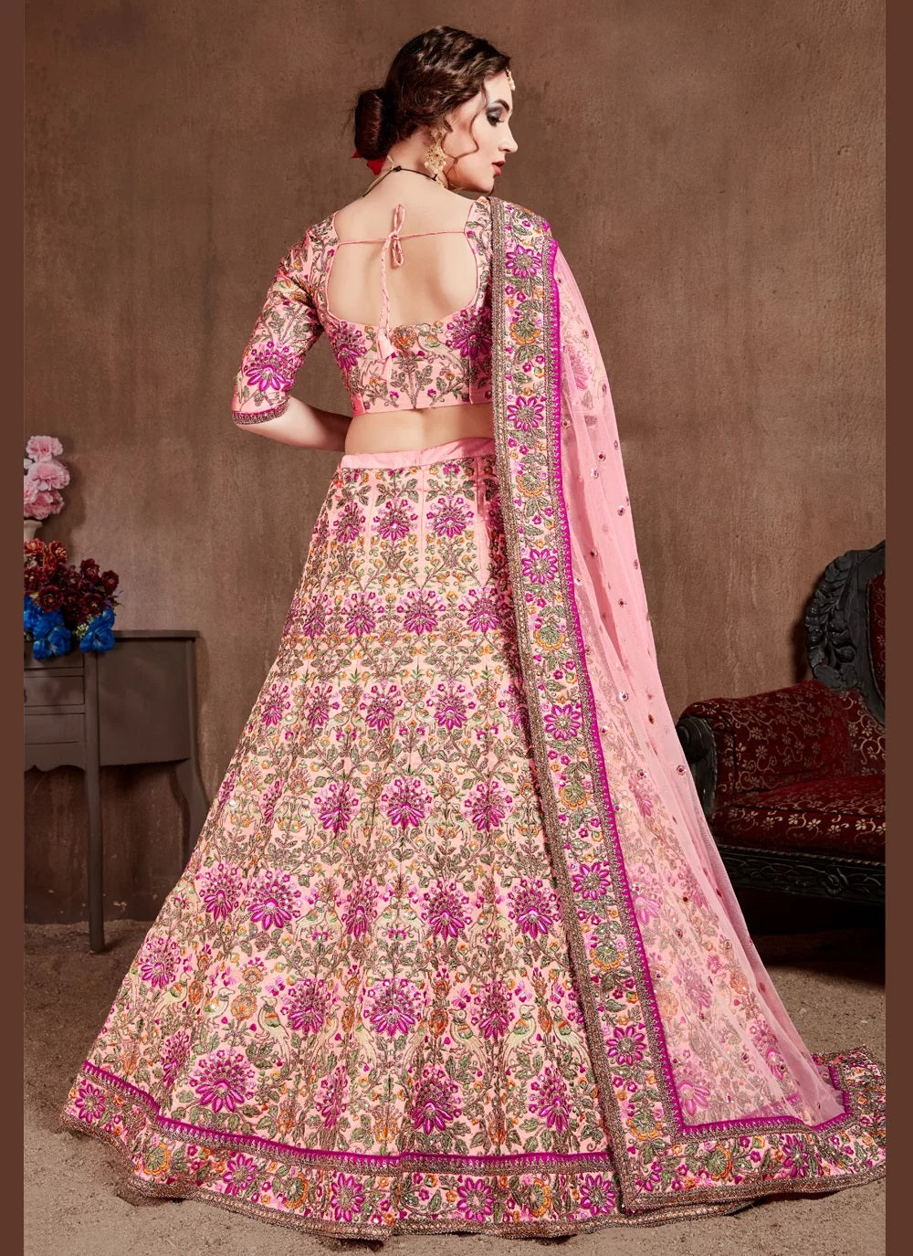 Pink taffeta silk lehenga for reception