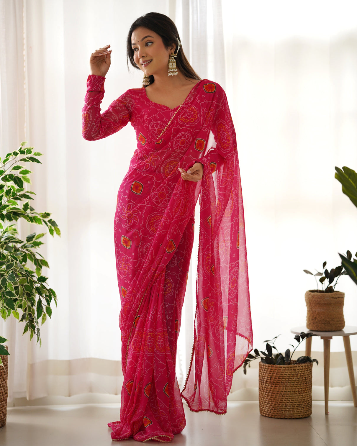 Pink Timeless Bandhej Printed Ready-to-Wear Saree – Lightweight Chiffon with Fully Stitched Blouse