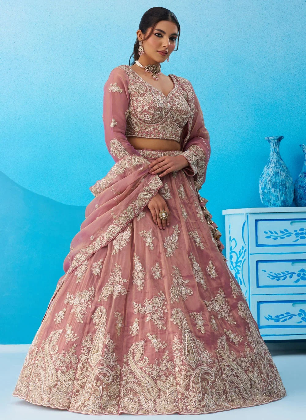 Pink tissue bridal lehenga with sequins coding embroidery