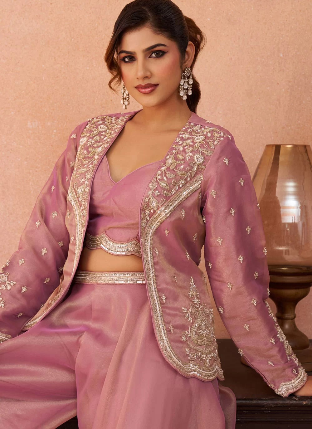 Pink tissue indo western co ord set with embroidered jacket flared palazzo