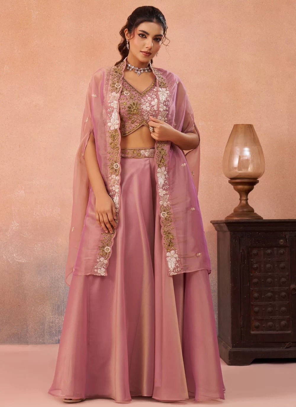 Pink tissue indo western set with embroidered flared cape palazzo