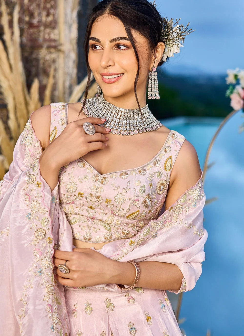 Pink tissue engagement lehenga with sequins coding embroidery work