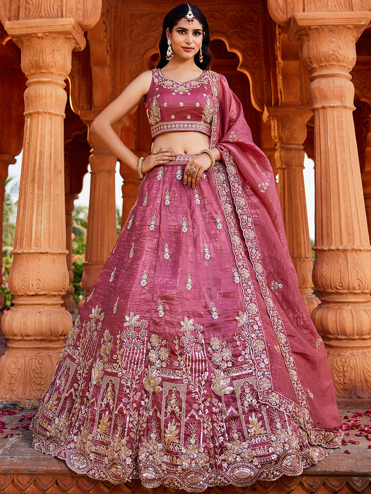 Pink Tissue Semi-Stitched Bridal Lehenga with Heavy Sequin, Moti, and Coding Embroidery Work