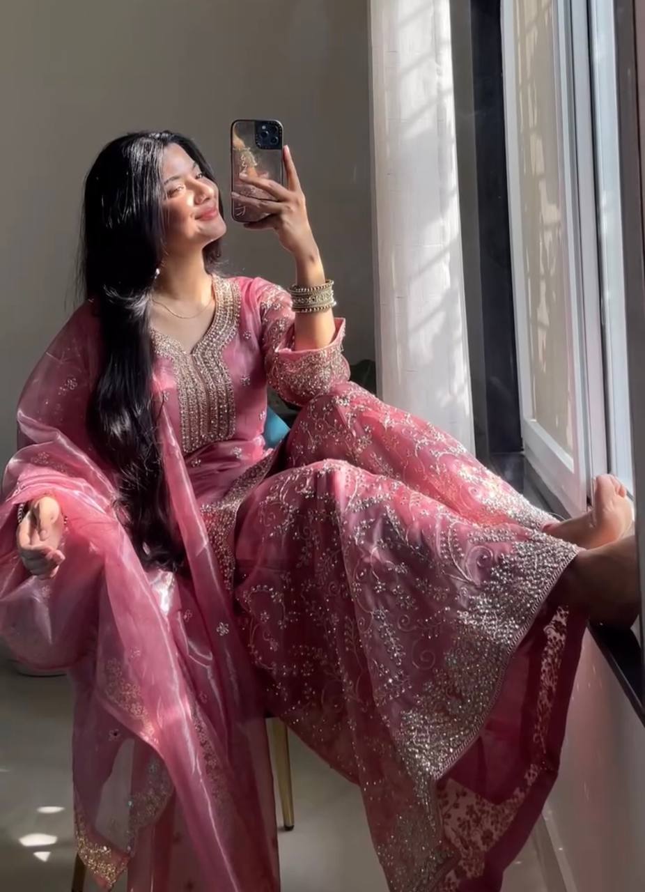 Pink Tissue Silk Embroidered Plazzo Set with Heavy 3mm Sequins, Coding Dori & Moti Hand Work – Fancy Sleeves, Full Stitched