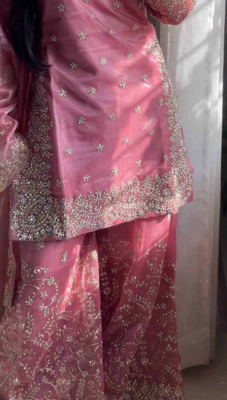 Pink Tissue Silk Embroidered Plazzo Set with Heavy 3mm Sequins, Coding Dori & Moti Hand Work – Fancy Sleeves, Full Stitched