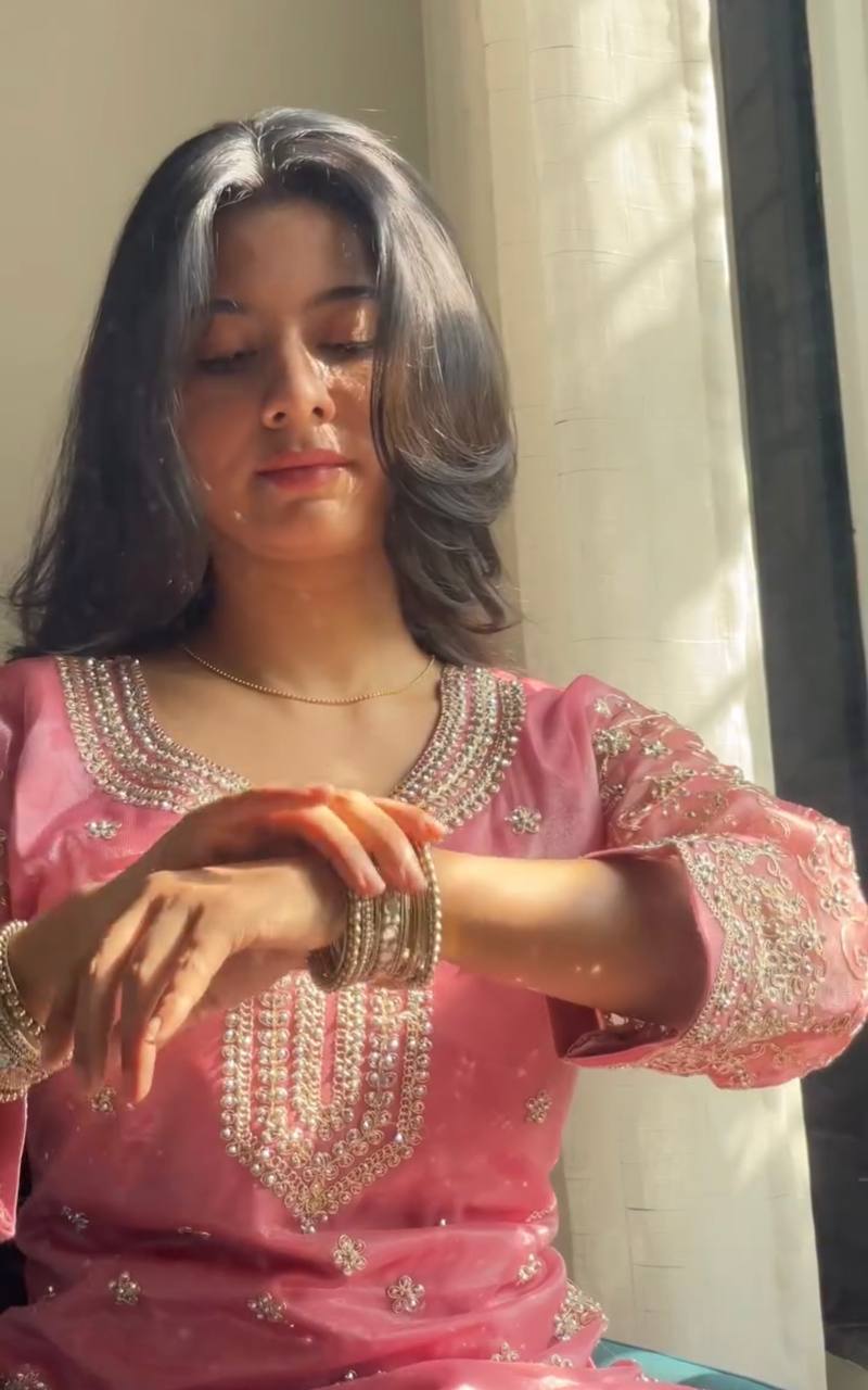 Pink Tissue Silk Embroidered Plazzo Set with Heavy 3mm Sequins, Coding Dori & Moti Hand Work – Fancy Sleeves, Full Stitched