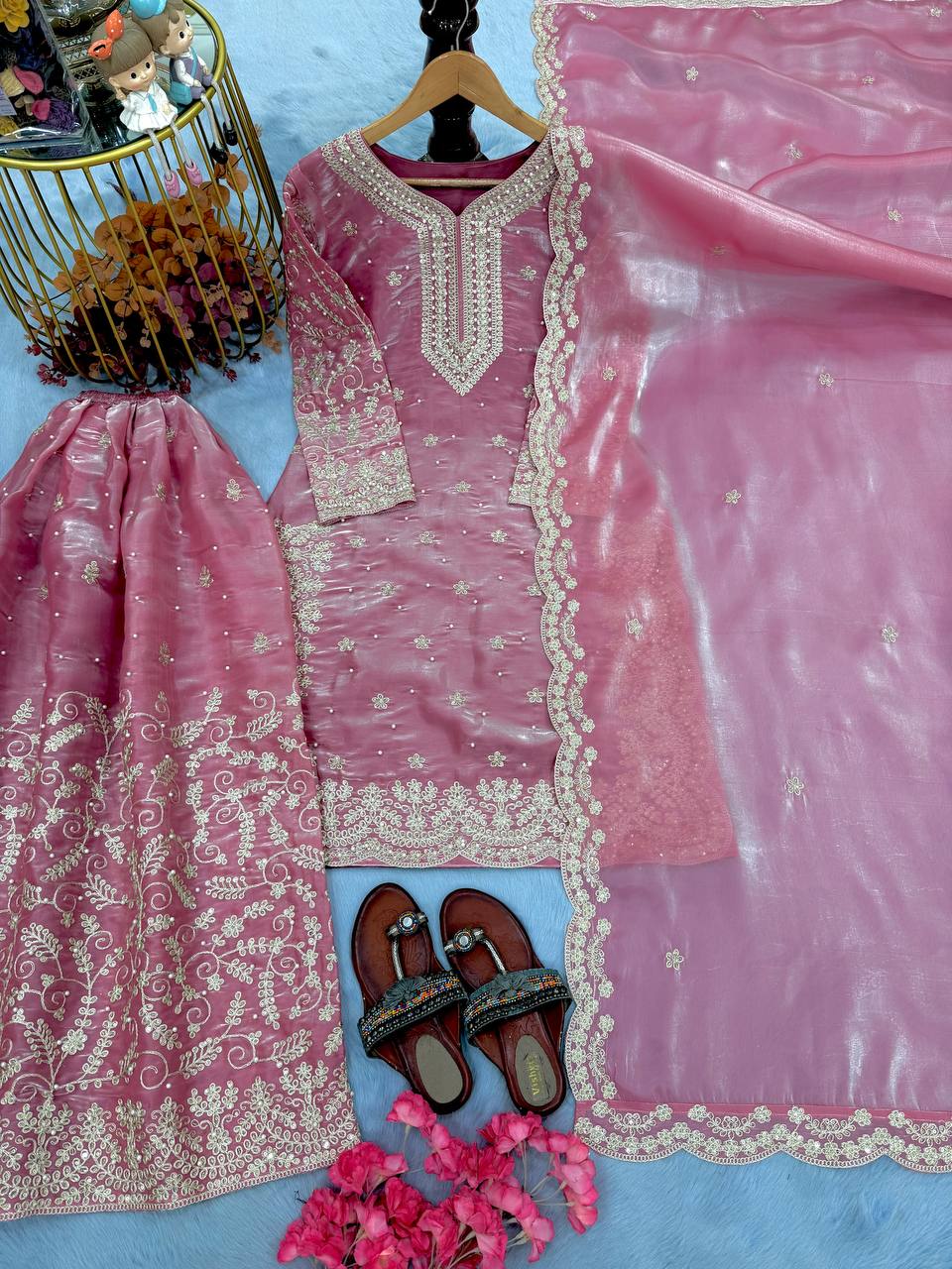 Pink Tissue Silk Embroidered Plazzo Set with Heavy 3mm Sequins, Coding Dori & Moti Hand Work – Fancy Sleeves, Full Stitched