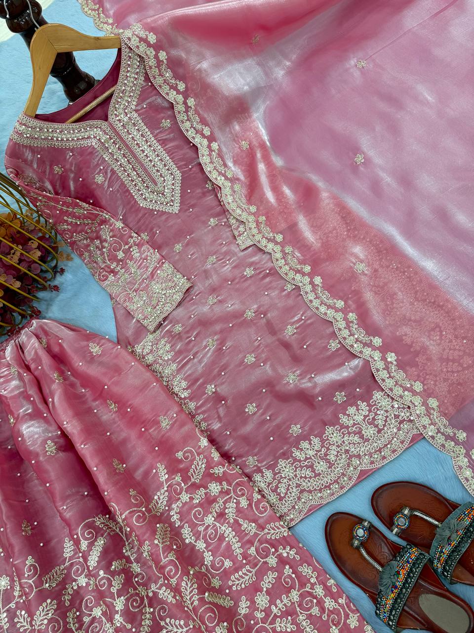 Pink Tissue Silk Embroidered Plazzo Set with Heavy 3mm Sequins, Coding Dori & Moti Hand Work – Fancy Sleeves, Full Stitched