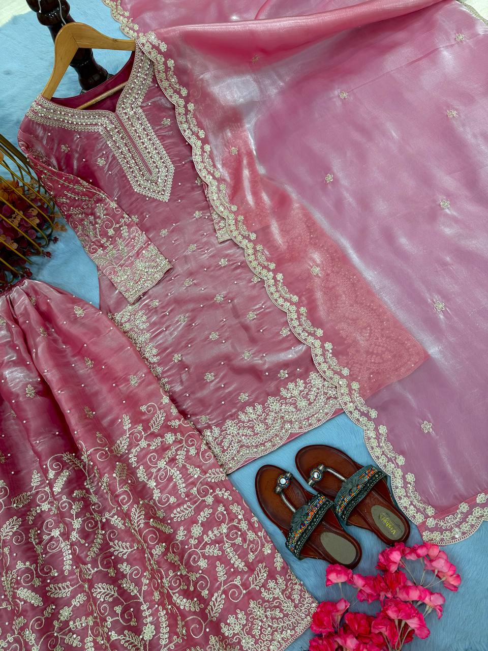 Pink Tissue Silk Embroidered Plazzo Set with Heavy 3mm Sequins, Coding Dori & Moti Hand Work – Fancy Sleeves, Full Stitched