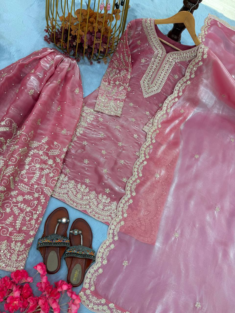 Pink Tissue Silk Embroidered Plazzo Set with Heavy 3mm Sequins, Coding Dori & Moti Hand Work – Fancy Sleeves, Full Stitched