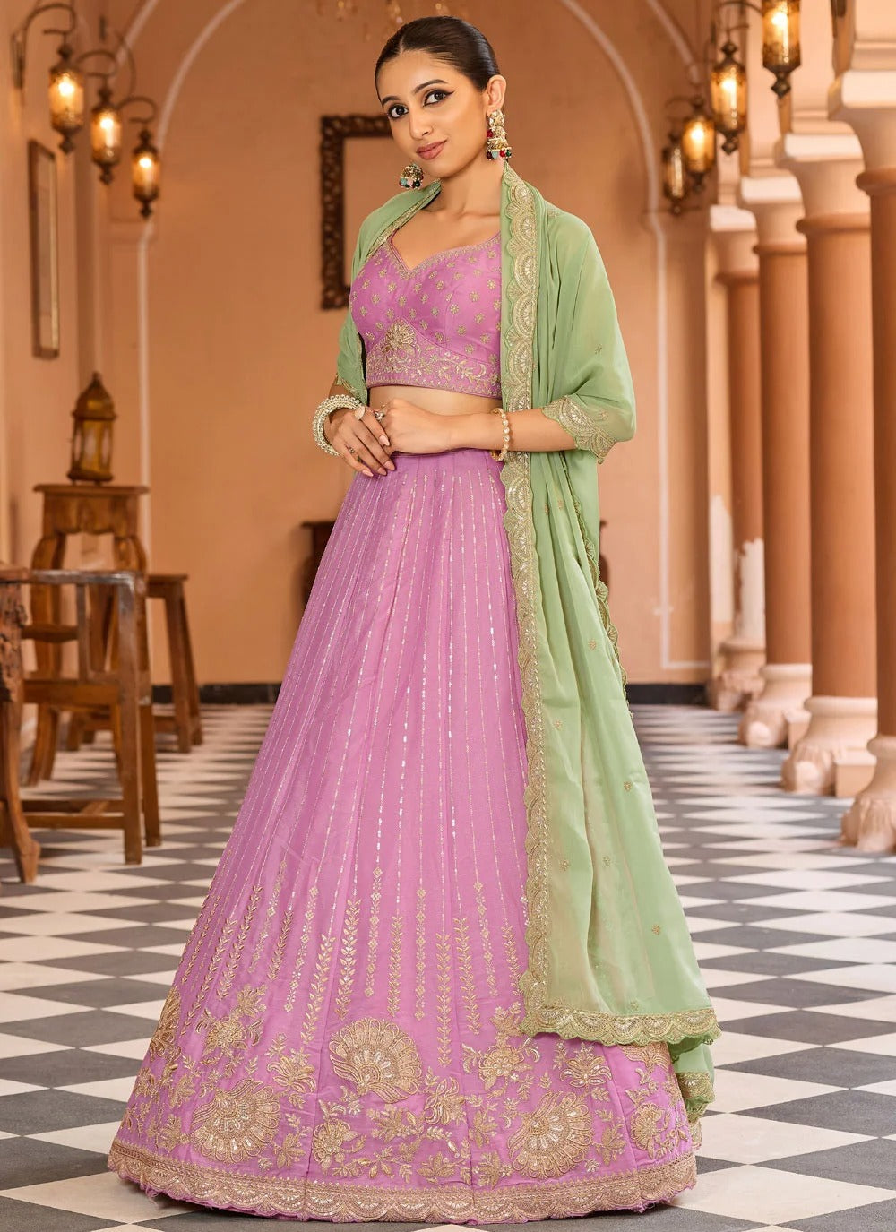 Pink ring ceremony lehenga in tissue silk with zari sequins embroidery