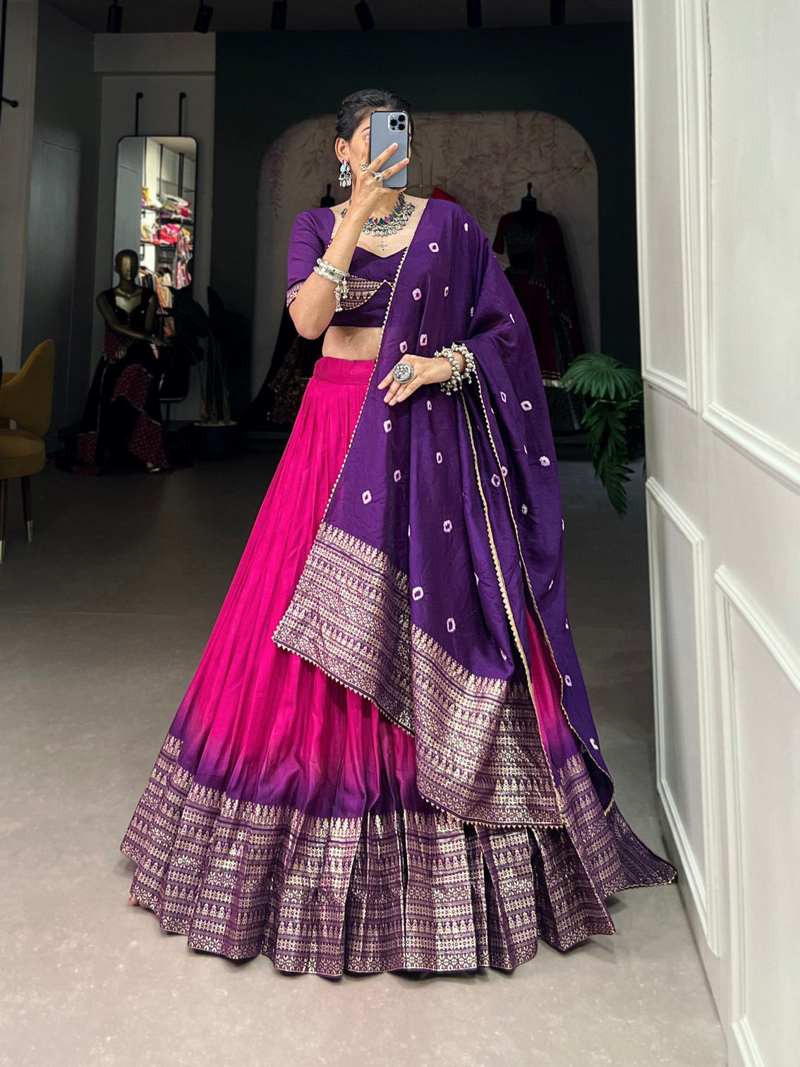 Pink Traditional Chanderi Zari Weaving Lehenga Set with Bandhej Dupatta