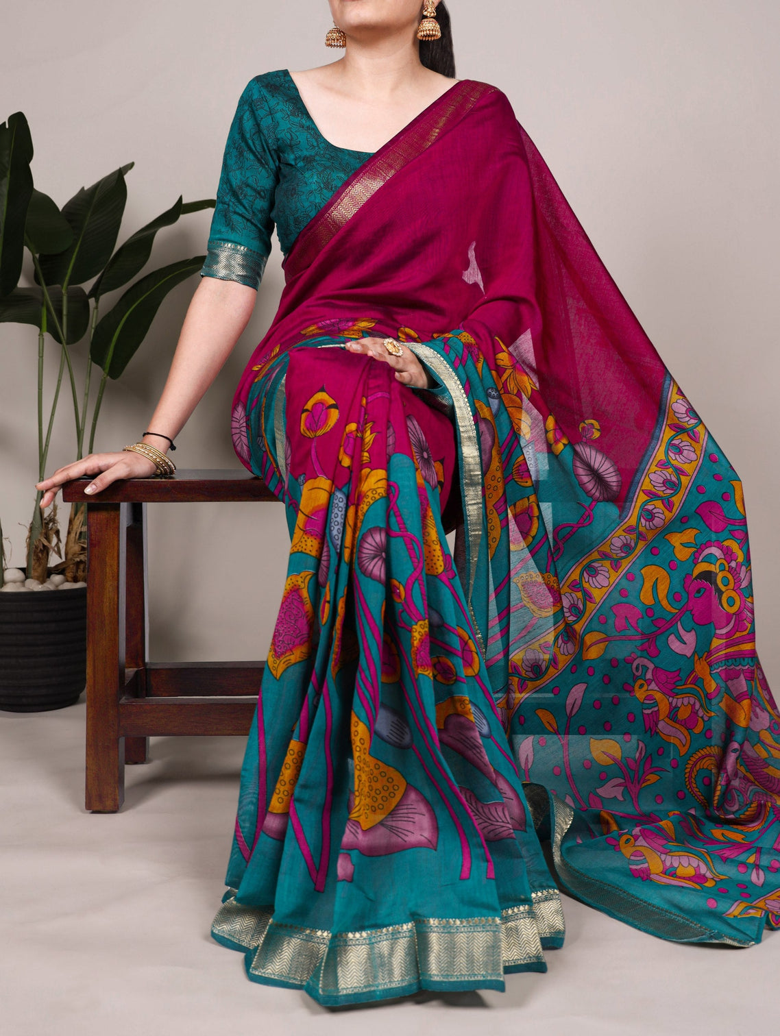 Pink Traditional Floral Printed Chanderi Saree with Zari Weaving Work