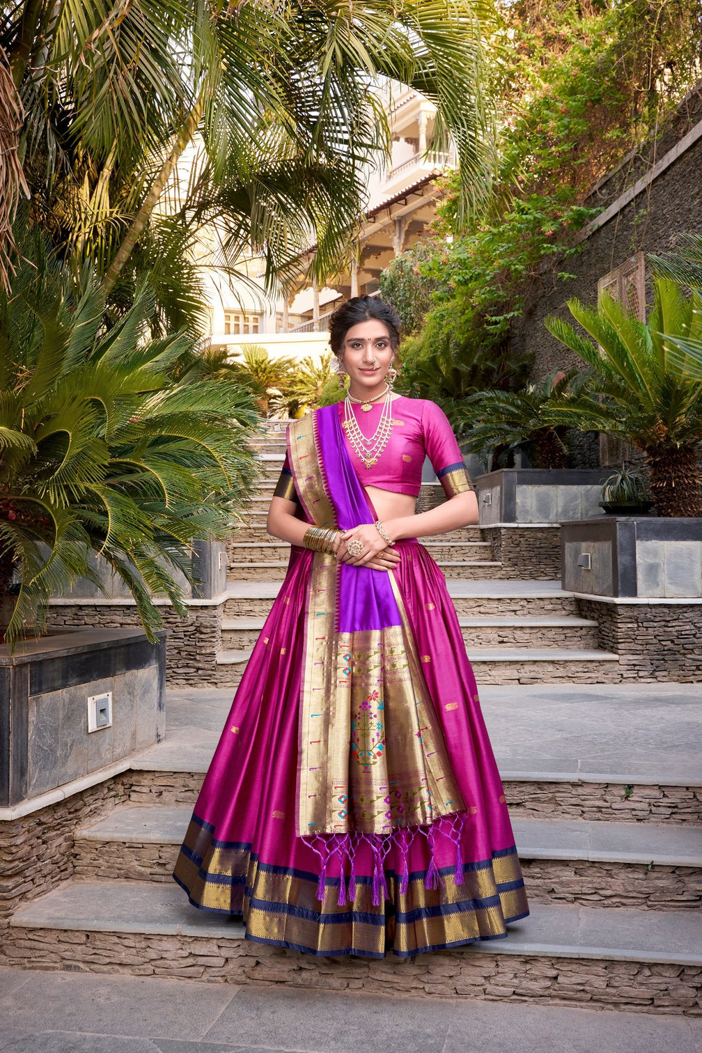 Pink Traditional Paithani Jacquard Silk Lehenga Set with Zari Weaving & Tassel Dupatta – Stitched