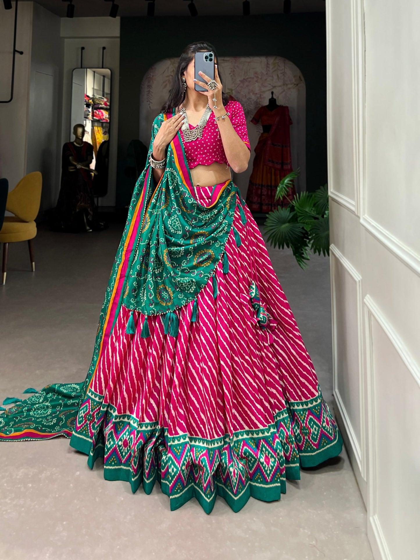 Pink Tussar Silk Lehenga Choli with Leheriya Print, Patola Border & Bandhani Dupatta