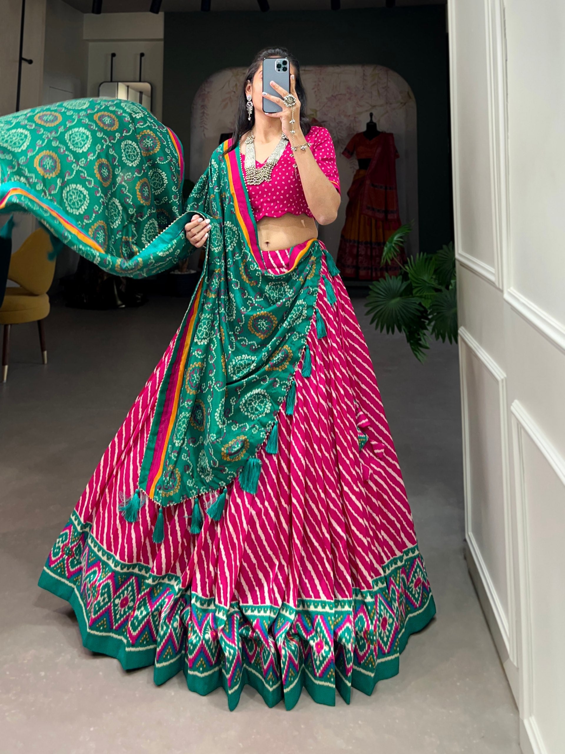 Pink Tussar Silk Lehenga Choli with Leheriya Print, Patola Border & Bandhani Dupatta