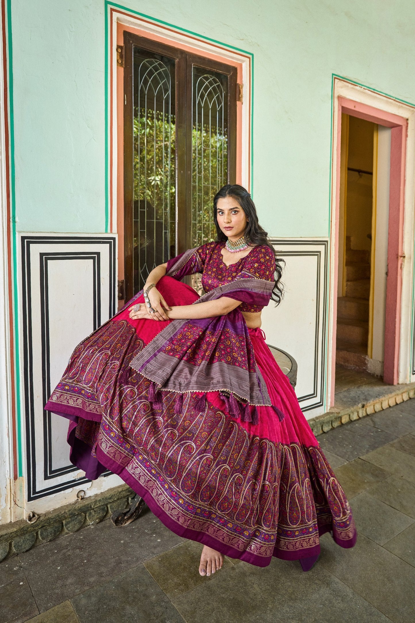 Pink Tussar Silk Lehenga Choli with Stunning Kashmiri Foil Print - Perfect for Weddings & Festivals