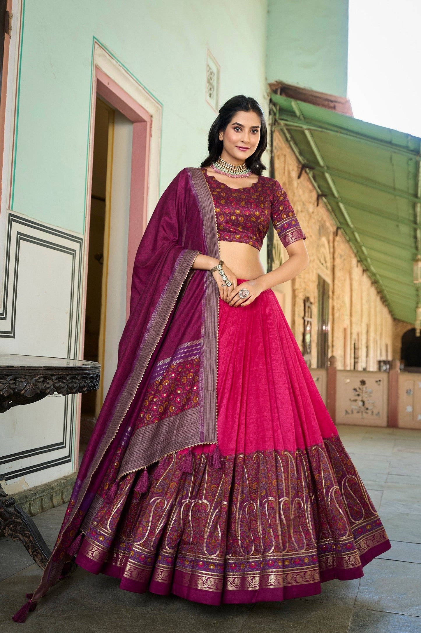 Pink Tussar Silk Lehenga Choli with Stunning Kashmiri Foil Print - Perfect for Weddings & Festivals