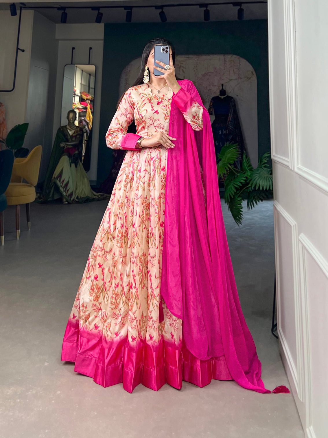 Pink Tussar Silk Printed Gown with Foil Detailing & Chiffon Dupatta
