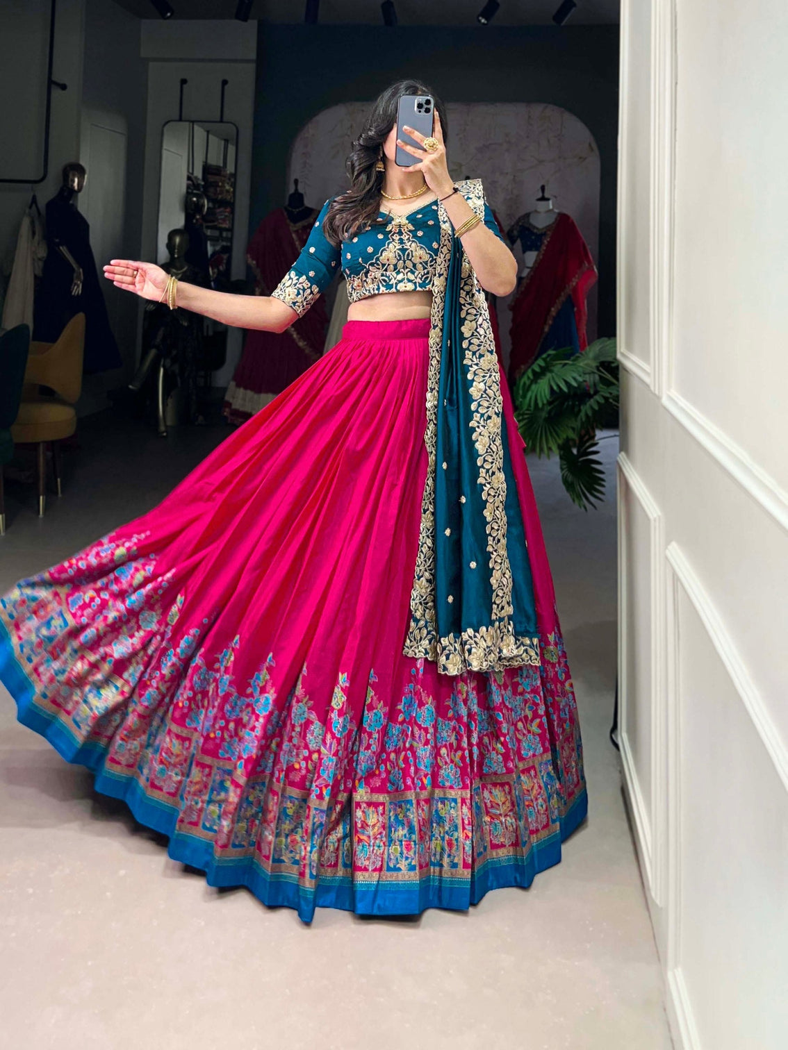 Pink Tussar Silk Printed Lehenga Set with Embroidered Vichitra Silk Blouse & Dupatta