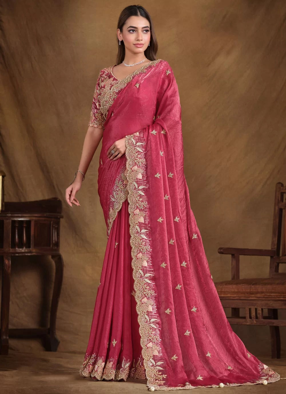Gorgeous pink satin silk sequins work contemporary saree