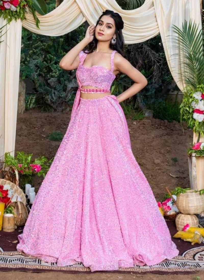 Pink Velvet Sequined Work Crop Top Lehenga Choli