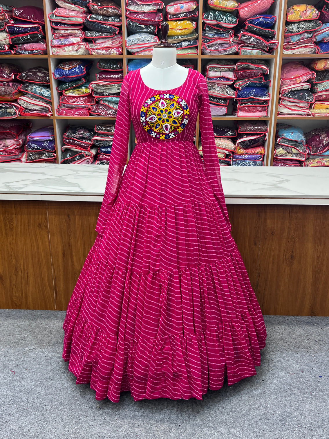 Pink Vibrant Laheriya Anarkali Gown – Perfect for Navratri, Ready to Wear