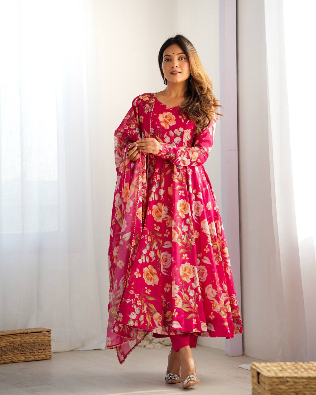Pink Vibrant Pure Organza Silk Anarkali Set with Dupatta & Pant