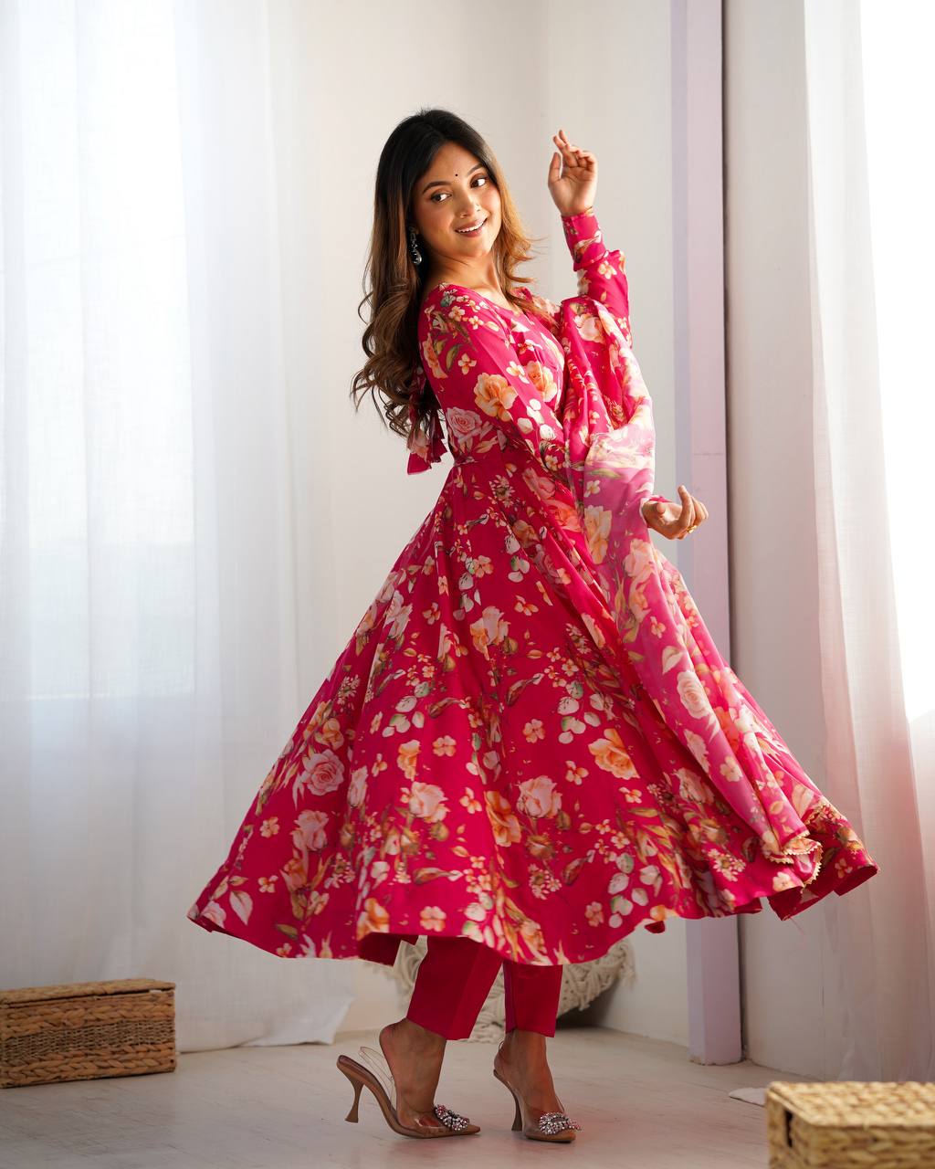Pink Vibrant Pure Organza Silk Anarkali Set with Dupatta & Pant