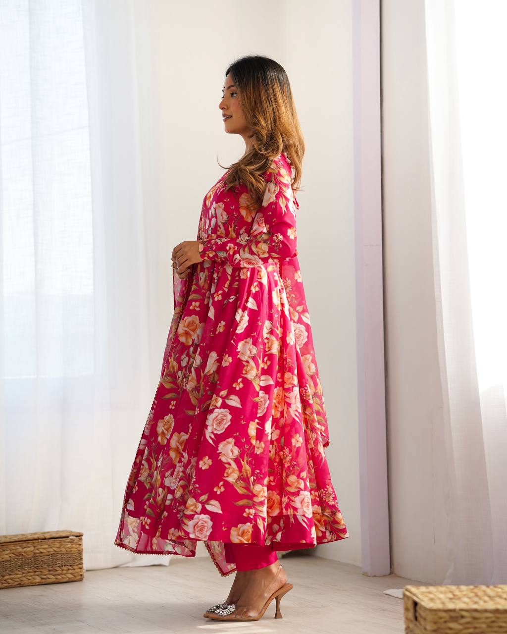 Pink Vibrant Pure Organza Silk Anarkali Set with Dupatta & Pant