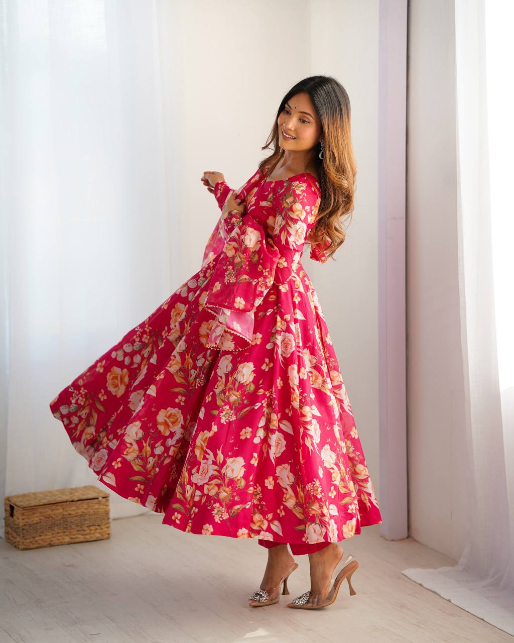 Pink Vibrant Pure Organza Silk Anarkali Set with Dupatta & Pant