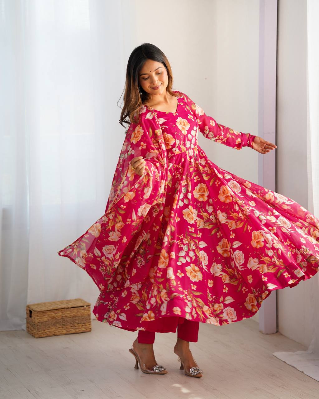 Pink Vibrant Pure Organza Silk Anarkali Set with Dupatta & Pant