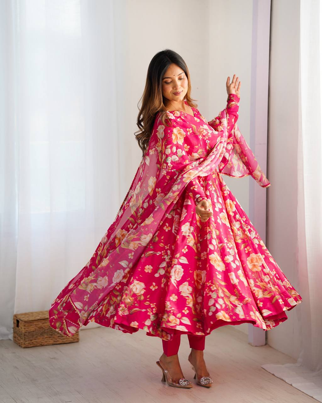 Pink Vibrant Pure Organza Silk Anarkali Set with Dupatta & Pant