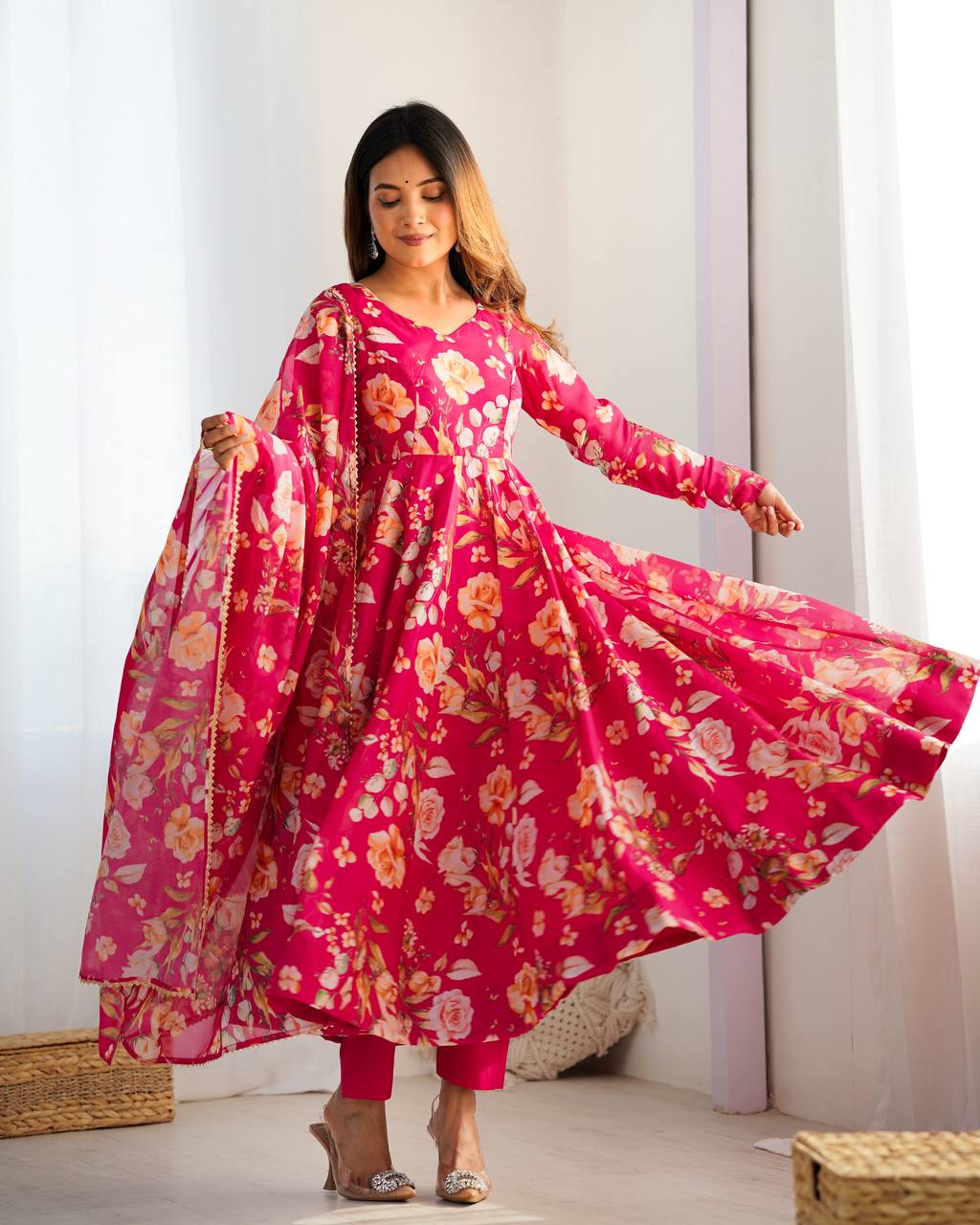 Pink Vibrant Pure Organza Silk Anarkali Set with Dupatta & Pant