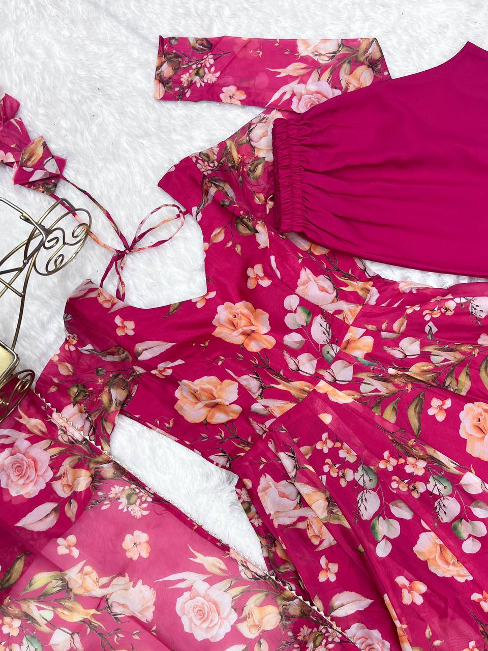 Pink Vibrant Pure Organza Silk Anarkali Set with Dupatta & Pant
