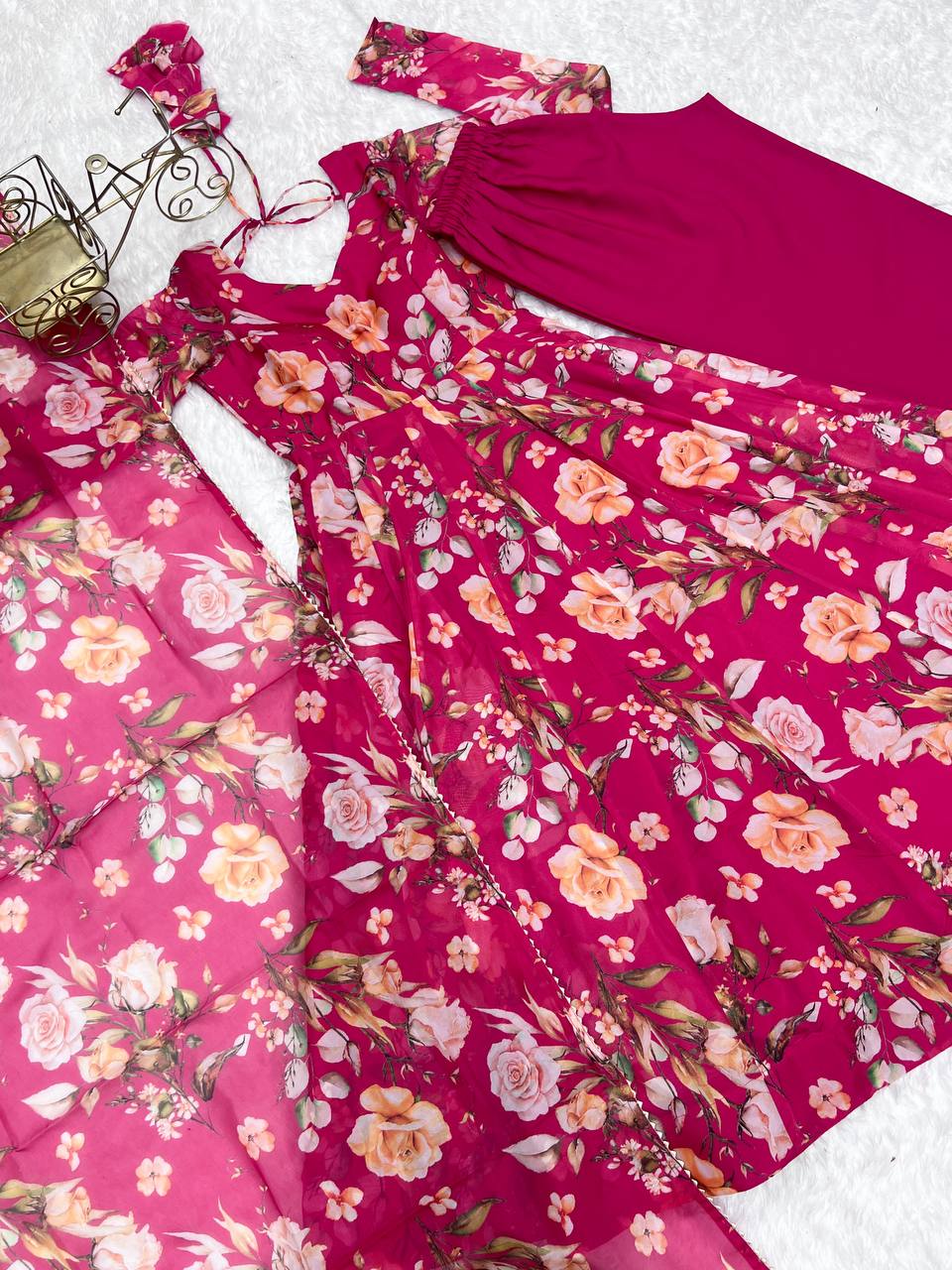 Pink Vibrant Pure Organza Silk Anarkali Set with Dupatta & Pant