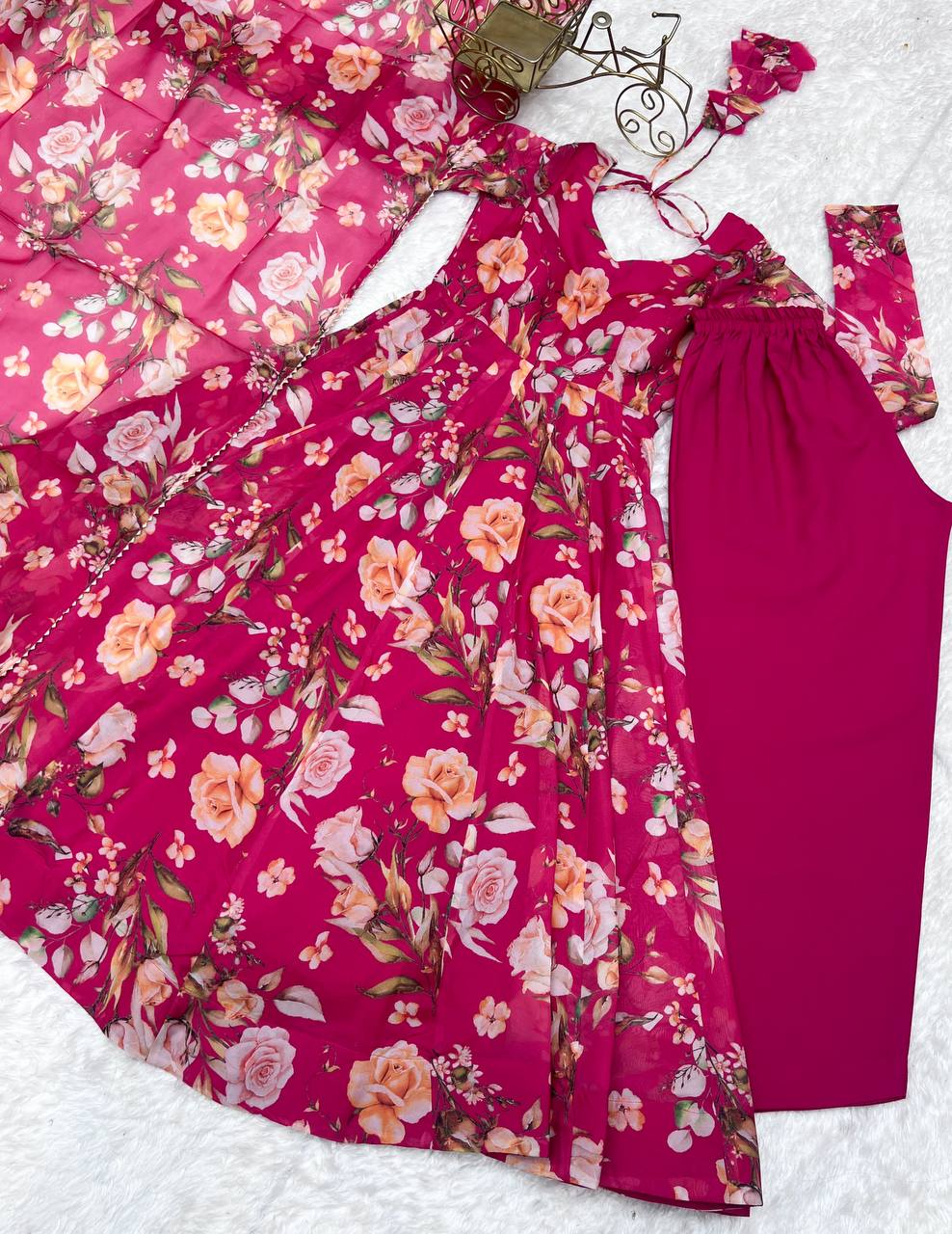Pink Vibrant Pure Organza Silk Anarkali Set with Dupatta & Pant