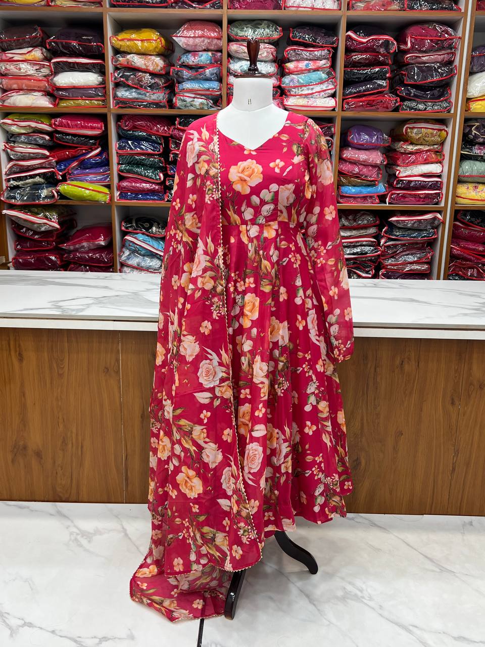 Pink Vibrant Pure Organza Silk Anarkali Set with Dupatta & Pant