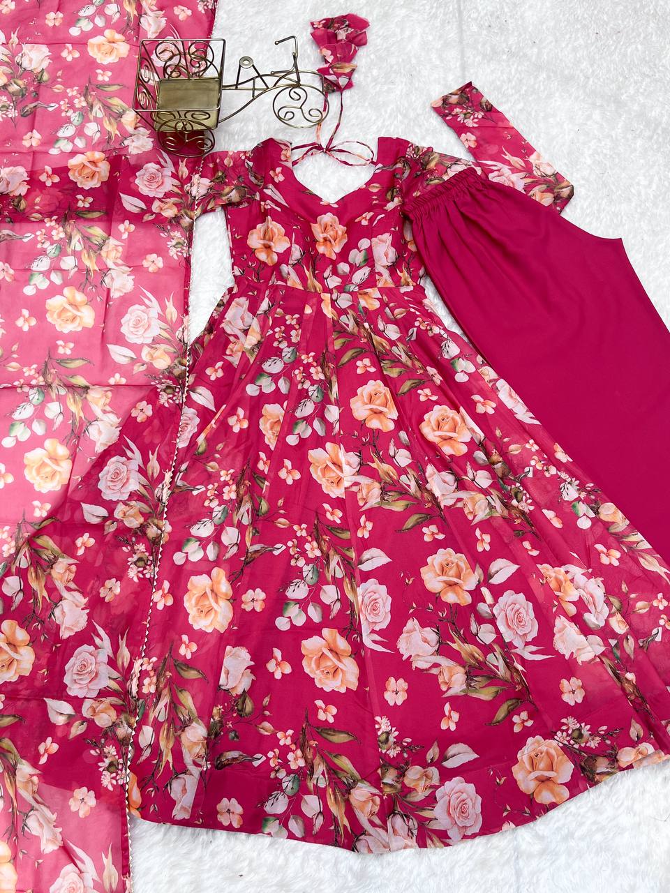 Pink Vibrant Pure Organza Silk Anarkali Set with Dupatta & Pant