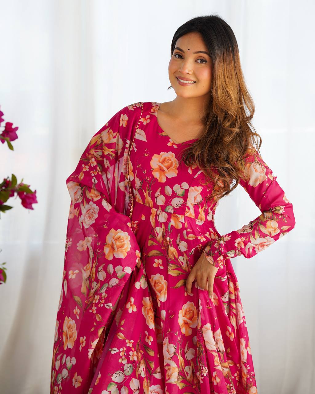 Pink Vibrant Pure Organza Silk Anarkali Set with Dupatta & Pant