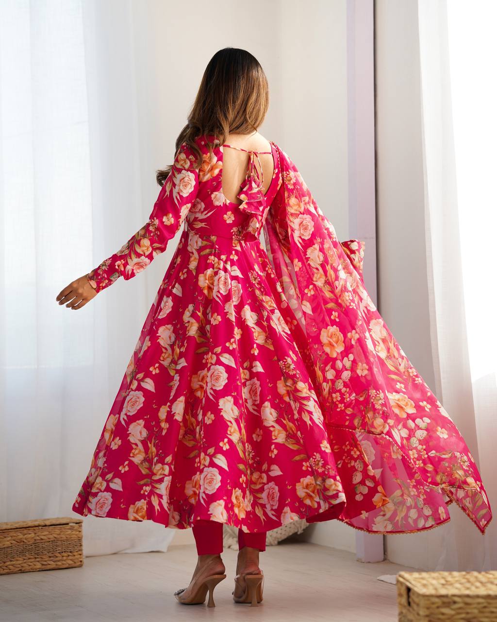Pink Vibrant Pure Organza Silk Anarkali Set with Dupatta & Pant
